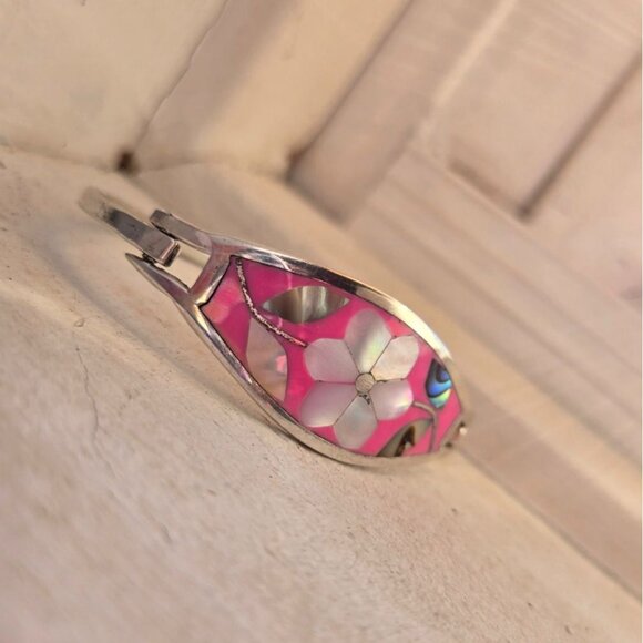 Vtg Alpaca Mexico German silver lot pink inlay MCM Bracelet & Geometric earrings - Picture 4 of 14